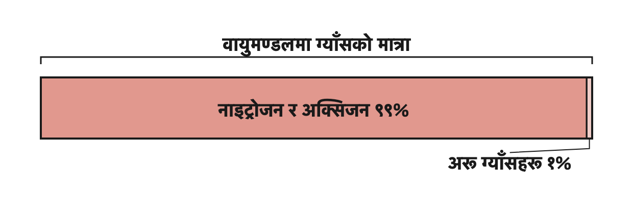 वायुमण्डलमा नाइट्रोजन र अक्सिजनको मात्रा कति ठुलो छ र अरू ग्याँस कति थोरै छन् भन्ने देखाउने चित्र