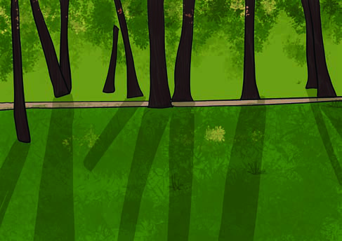 Tall trees and their long shadows on the green, the open grassy ground where the children of the poem play.