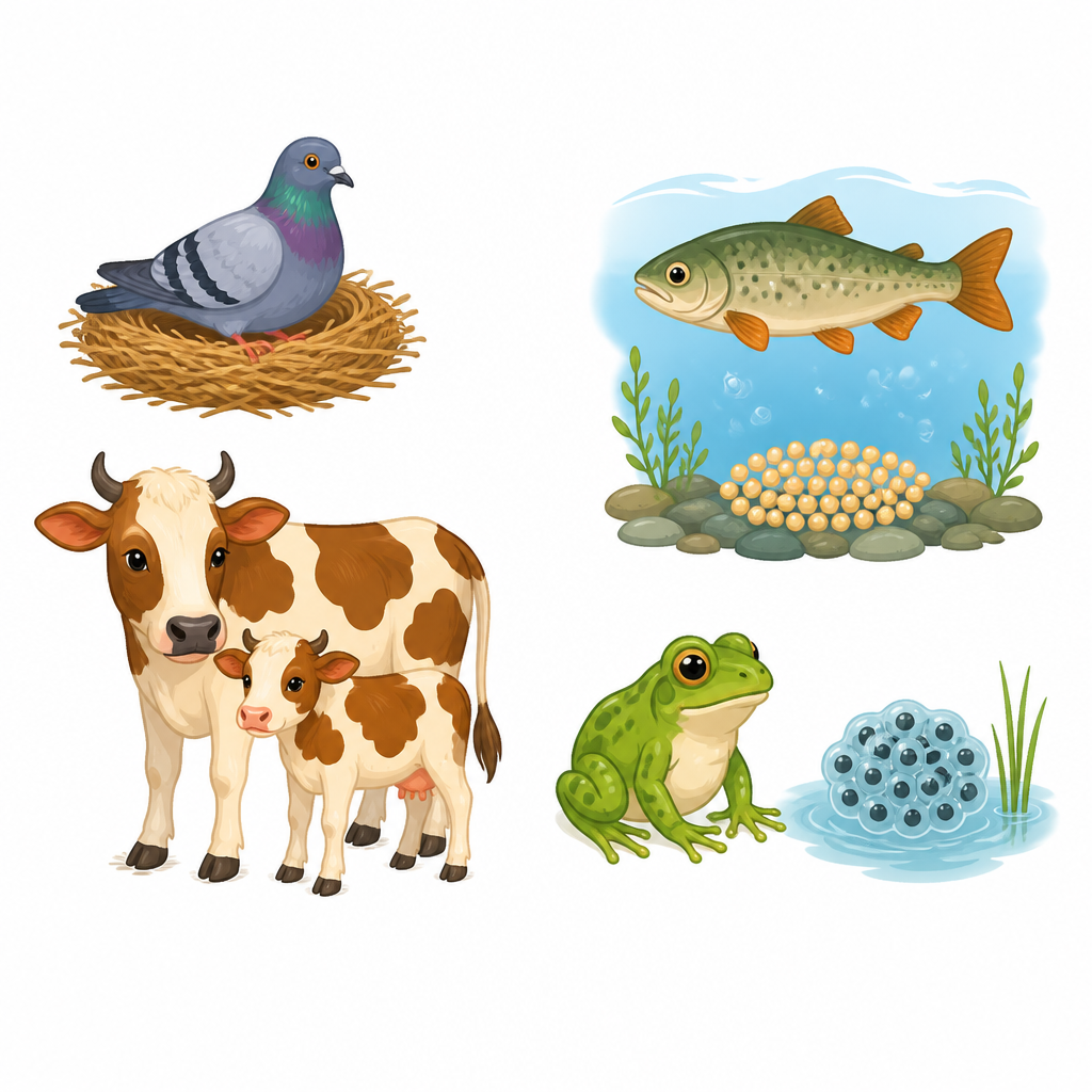 Animals that fertilize inside the body set beside animals that fertilize outside it.