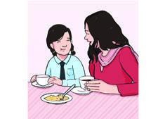 A mother watching her son eat at last. You haven't eaten all day, so you must be hungry.