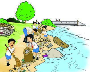 Children cleaning rubbish from a river bank.