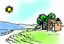 A bright sun over a calm shore and a house: sunny.