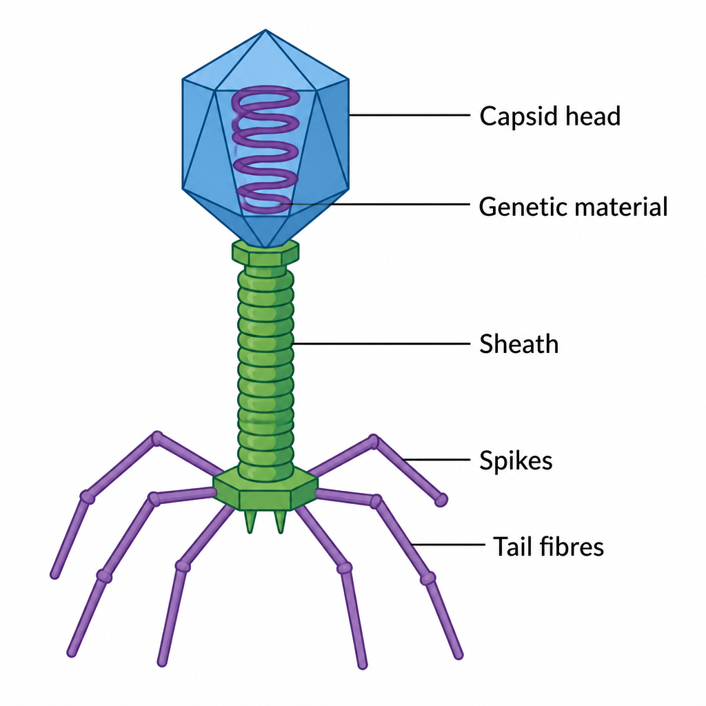The build of a bacteriophage virus. The genetic material sits inside the head, the protein coat covers it from outside, and the tail fibres below help it grip.