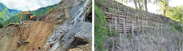 A slope cut for a new road that has slipped, beside a slope held in place by a timber frame so the soil cannot come down.
