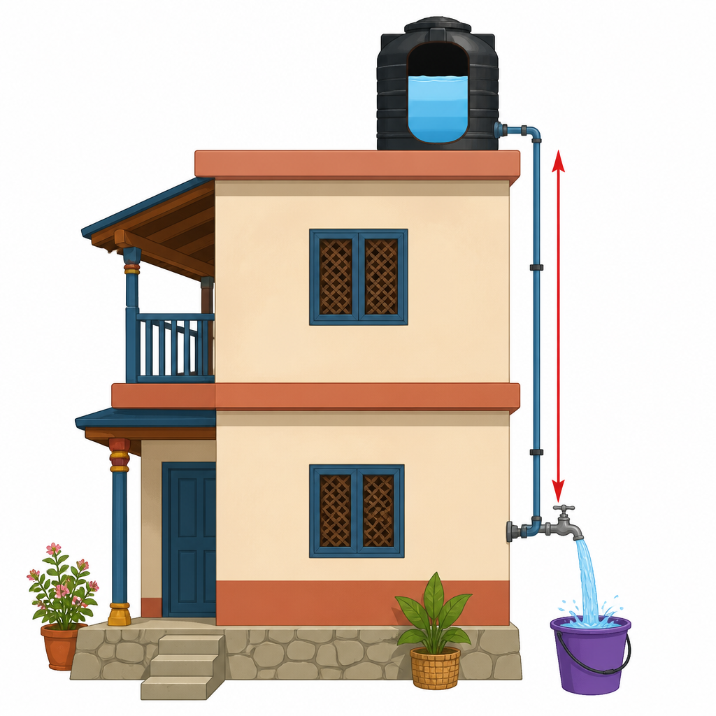 The greater the height from the water surface in the tank down to the tap, the harder the water comes out of the tap.