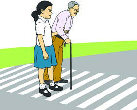 A schoolgirl helps an old man cross the road at a zebra crossing. Kind help often begins with a polite offer: Can I help you cross, sir?