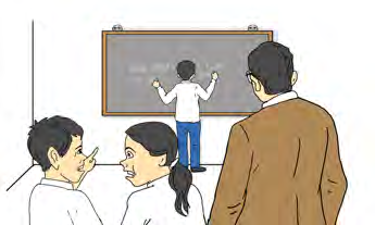 Two pupils cannot believe what their classmate is writing on the board.