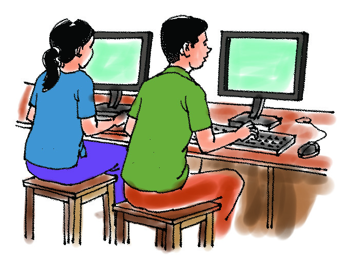 कम्प्युटरमा काम गर्दै सिप सिकिरहेका दुई जना।