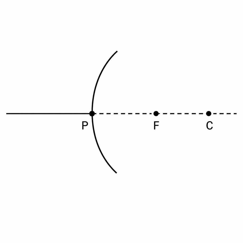 On a convex mirror, C and F lie behind the mirror, so the lines that reach them are drawn as broken lines.
