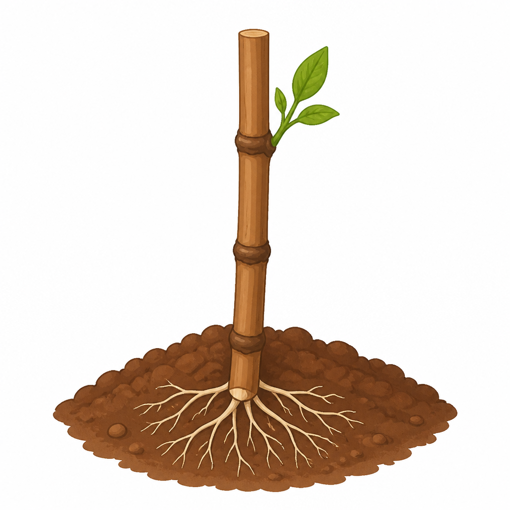 Once a stem piece with nodes is planted, roots appear at the buried end and a new shoot grows out of a node.