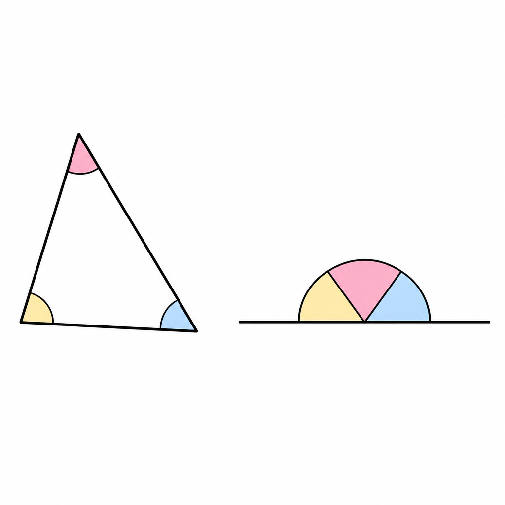 The three torn corners laid side by side make a straight angle, and that is what shows the sum is 180 degrees.