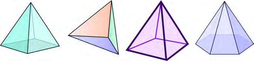 Four pyramids whose bases are a rectangle, a triangle, a square and a hexagon, showing that the name comes from the base.