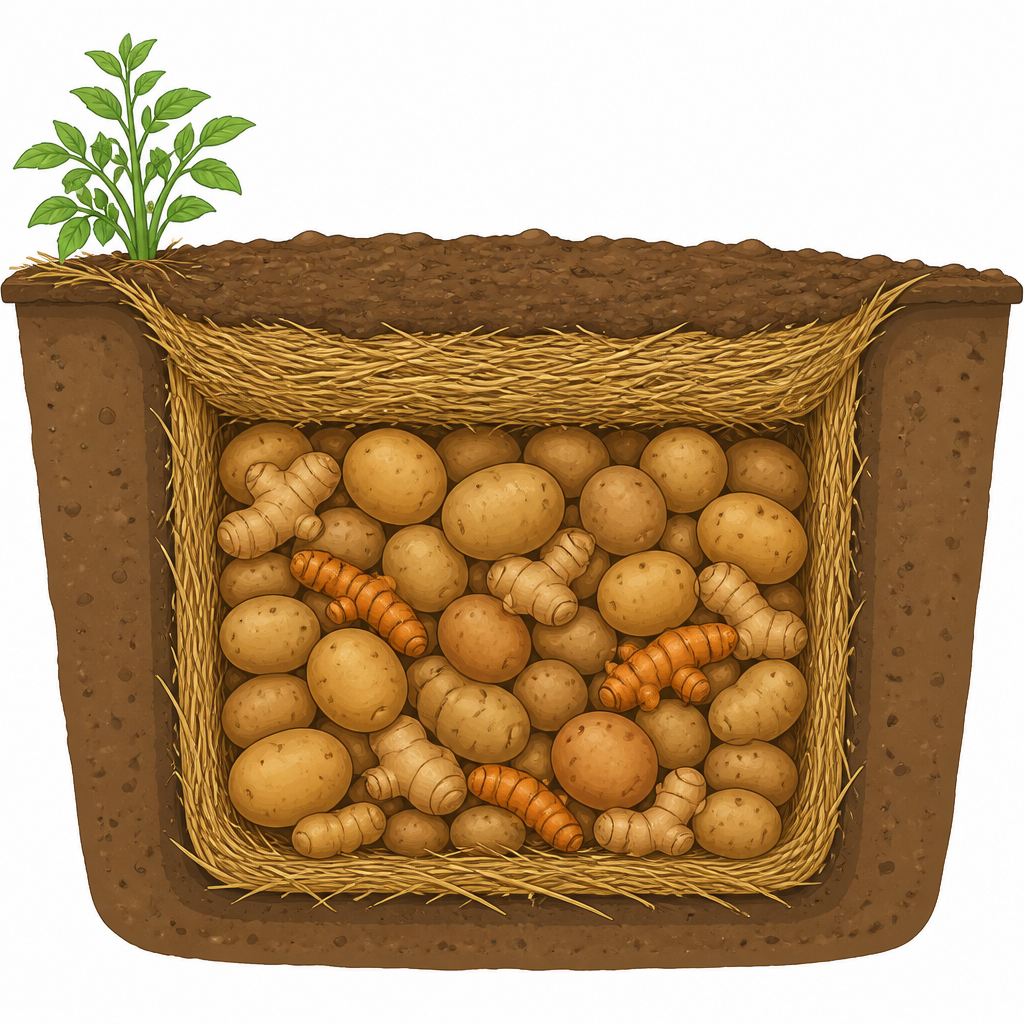 Potatoes stored in a pit dug in the ground. The steady coolness under the soil is itself what keeps the microorganisms sluggish.