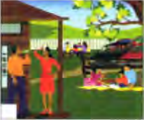 A family outside a house with a picnic in the garden