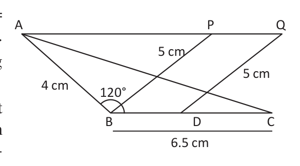Rough sketch with the values placed: triangle ABC, the line through A parallel to BC, the midpoint D, and the parallelogram PBDQ with sides of 5 cm.