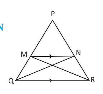 MN is parallel to QR inside triangle PQR. The crossing lines QN and RM form triangles MNQ and MNR on the common base MN.