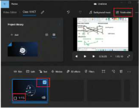 The trimmed clip, now 1:15 long, selected, with the Finish video button at the top right.