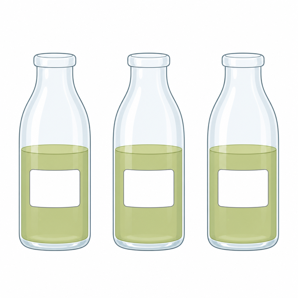 At the start all three bottles hold the same pond water in equal amounts, so that any difference seen later can only have come from what was added.
