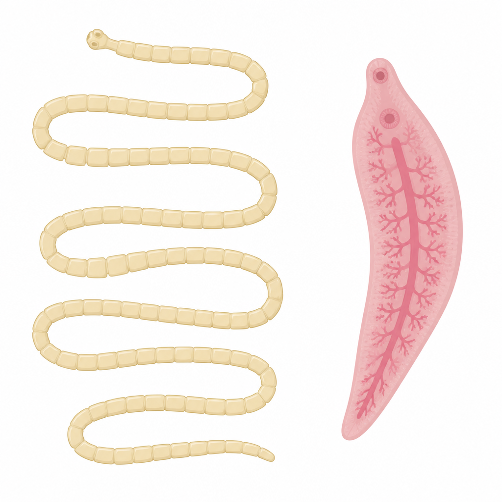 A tapeworm is long like a ribbon and a blood fluke is thin and flat. Neither is round when cut across.