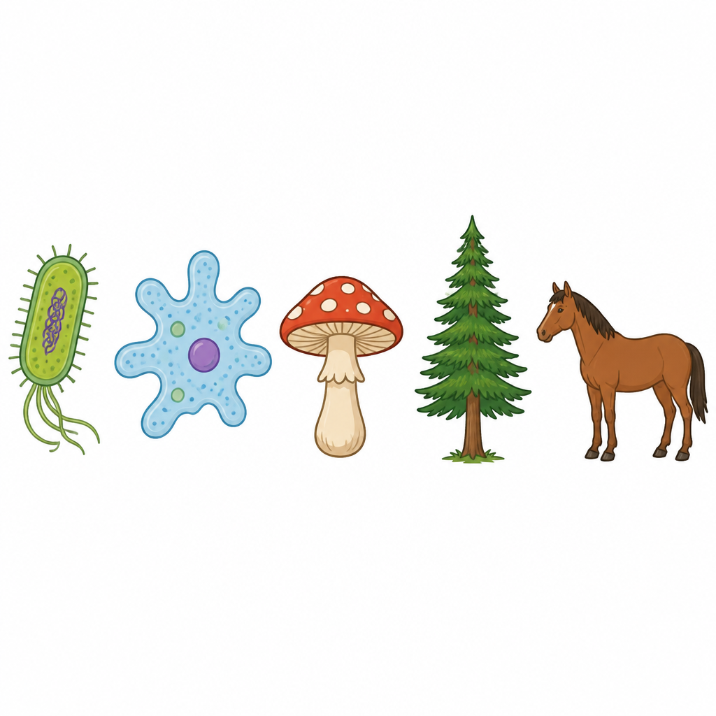 One representative from each of the five kingdoms, left to right in order: bacteria, amoeba, mushroom, pine tree and horse.