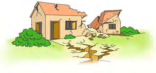 Houses cracked and broken by an earthquake, with the ground split open between them.