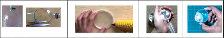 Making a hand lens: cutting round pieces from a bottle, gluing two pieces rim to rim, filling the space with water through a syringe, and looking through the finished lens.