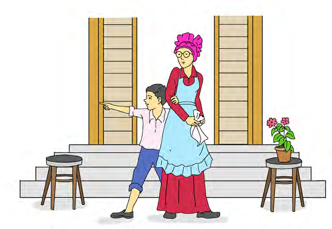 Tom points behind Aunt Polly to trick her, a moment before he runs away.
