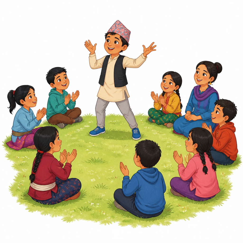 आफूले आफ्ना आमा वा बुबाको भूमिका खेल्ने पालो पर्खिँदै चउरमा गोलो बसेका साथीहरू
