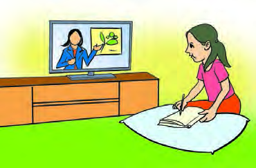 A student taking notes from an educational programme on television