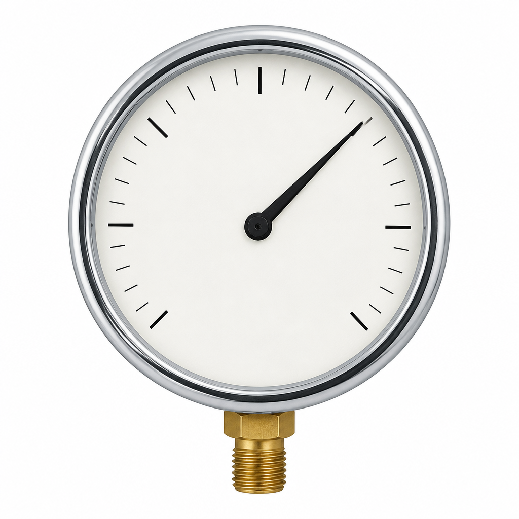 An air pressure gauge, whose needle shows how hard the compressed air inside is pushing.