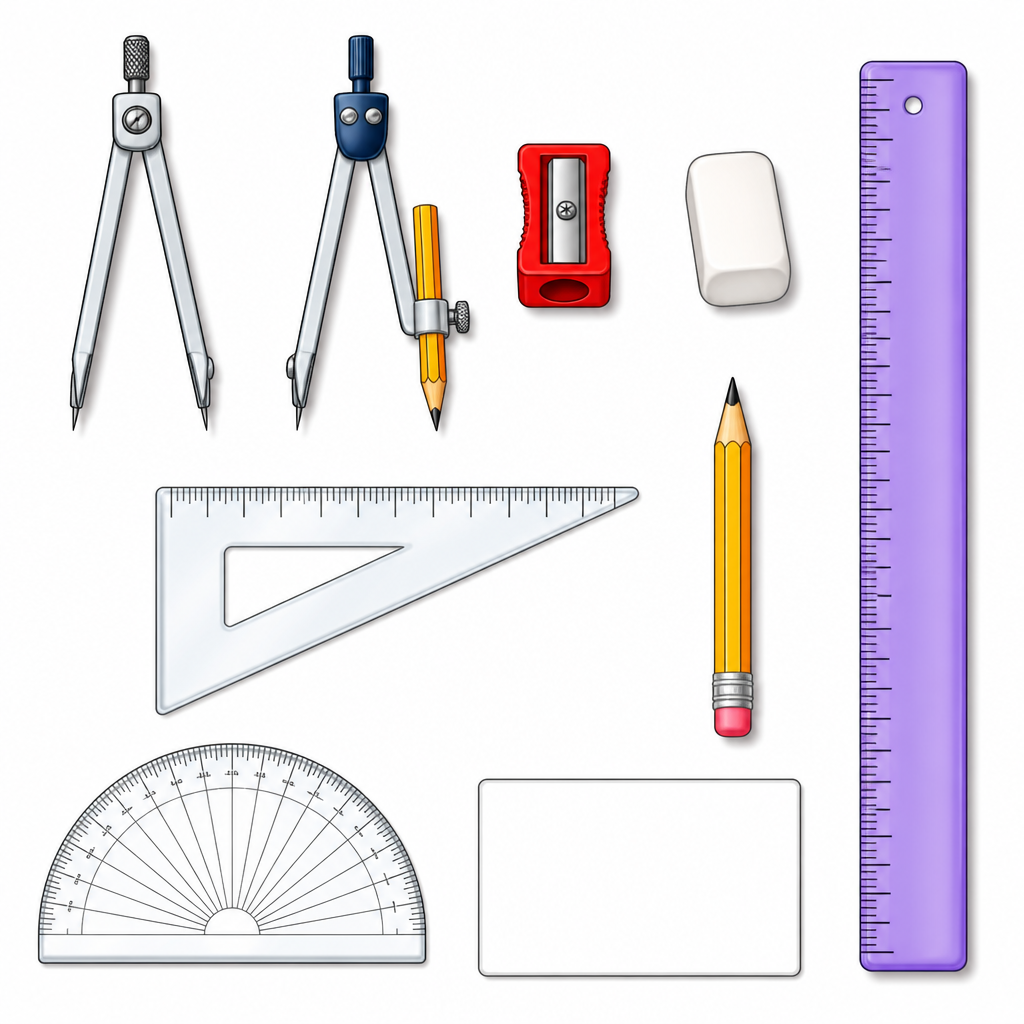 The instruments of a geometry box; what they share is that each one is used for drawing or measuring.