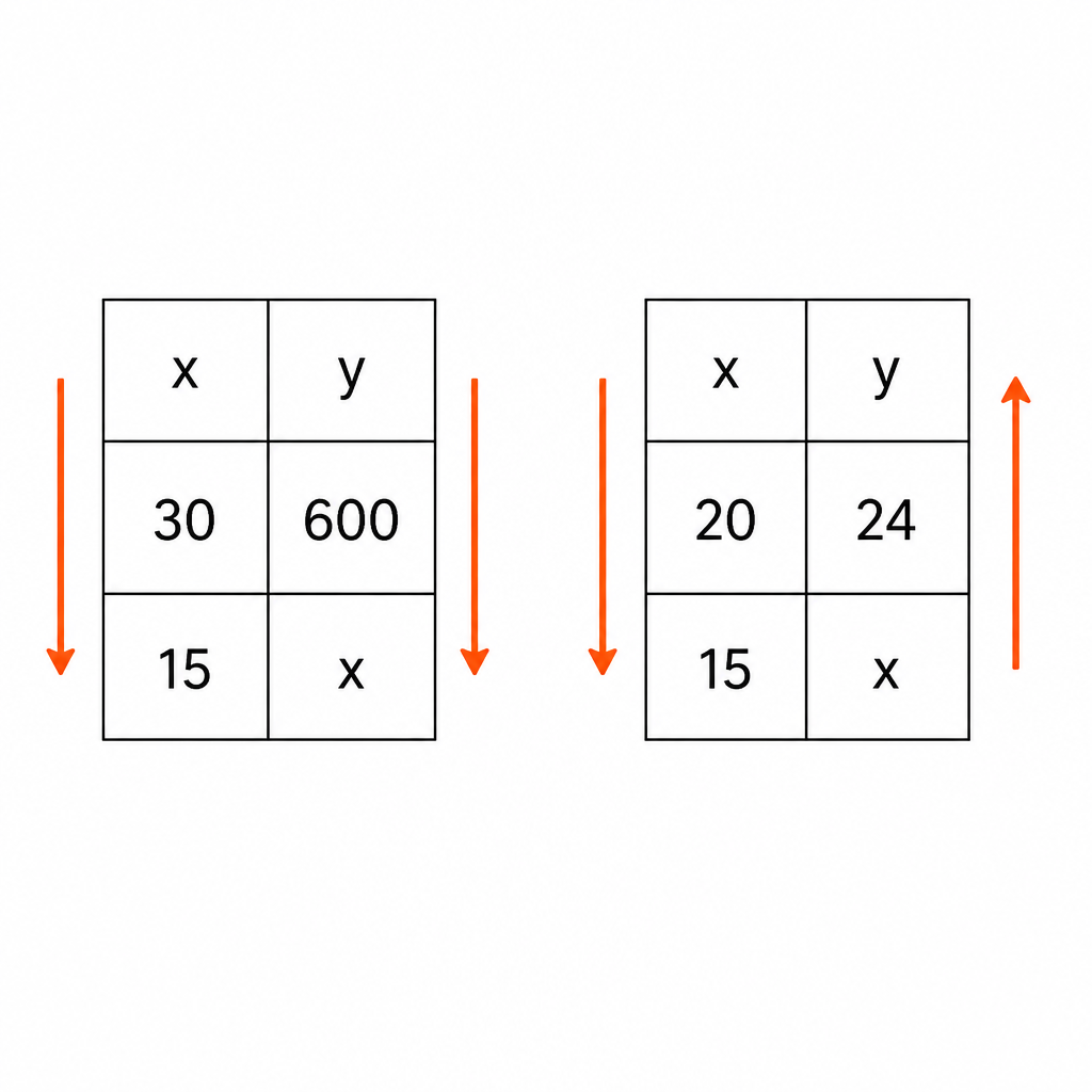 In direct variation the arrows face the same way and in indirect variation they face opposite ways, so the direction of the arrows alone tells you whether to take a ratio as it stands or to turn it upside down.