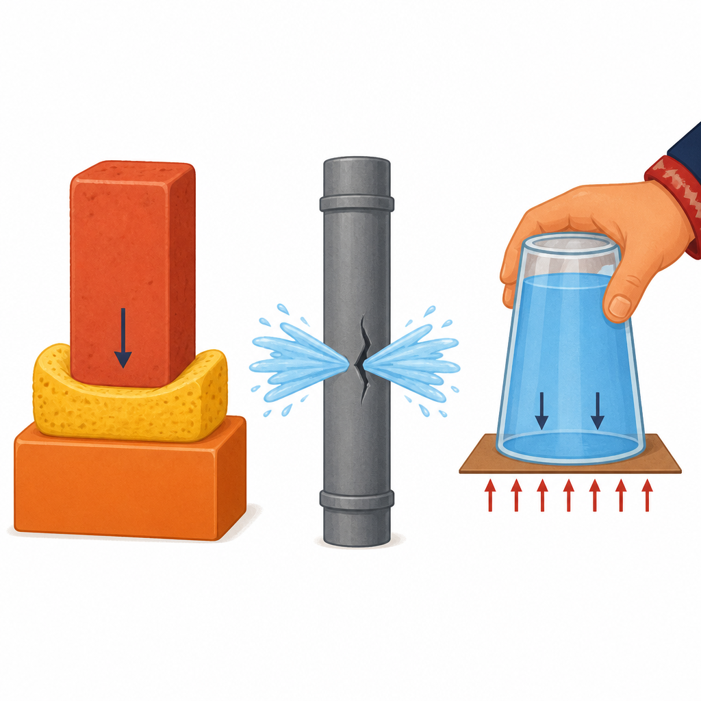 A brick pressing into foam, water bursting from a cracked pipe, and air holding a card under an upturned glass of water: a solid, a liquid and a gas each exerting pressure.