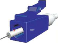 A router connector, with the thin fibre running through the middle of its body.