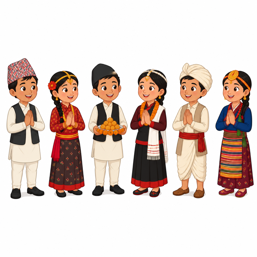 फरकफरक समुदायका वेशभूषा लगाएका केटाकेटी एउटै चाडमा एकअर्कालाई शुभकामना दिँदै, जसले चाडपर्वमा हुने सहभागिता देखाउँछ।
