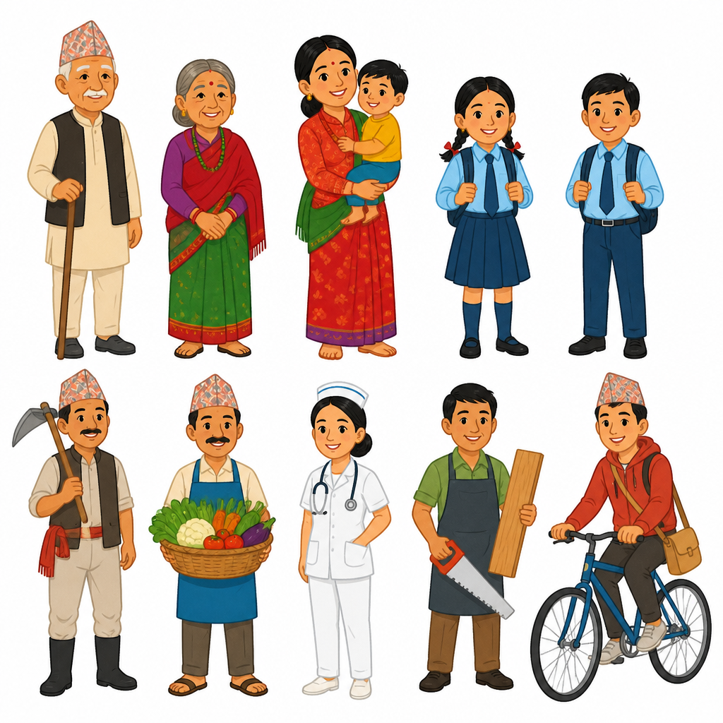समाजमा उमेर, पेसा र पहिरन फरक भएका थुप्रै मानिस सँगै रहन्छन्, र तिनीहरूबिचको सम्बन्धले नै समाज बनाउँछ।