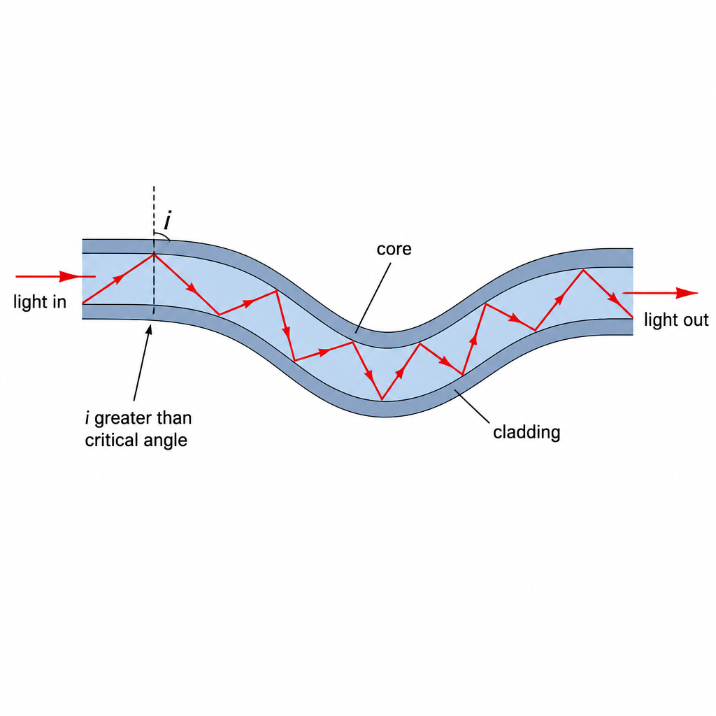 Light entering one end of a bent fibre is totally internally reflected again and again at the core-cladding boundary and comes out of the far end.