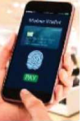 Digital wallet: money kept in a phone app, with the payment confirmed by a fingerprint.