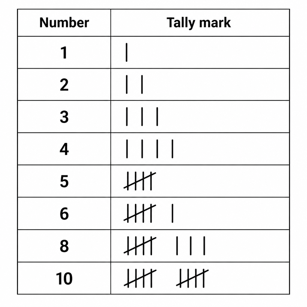 How tally strokes are grouped, with every fifth stroke drawn across the four before it