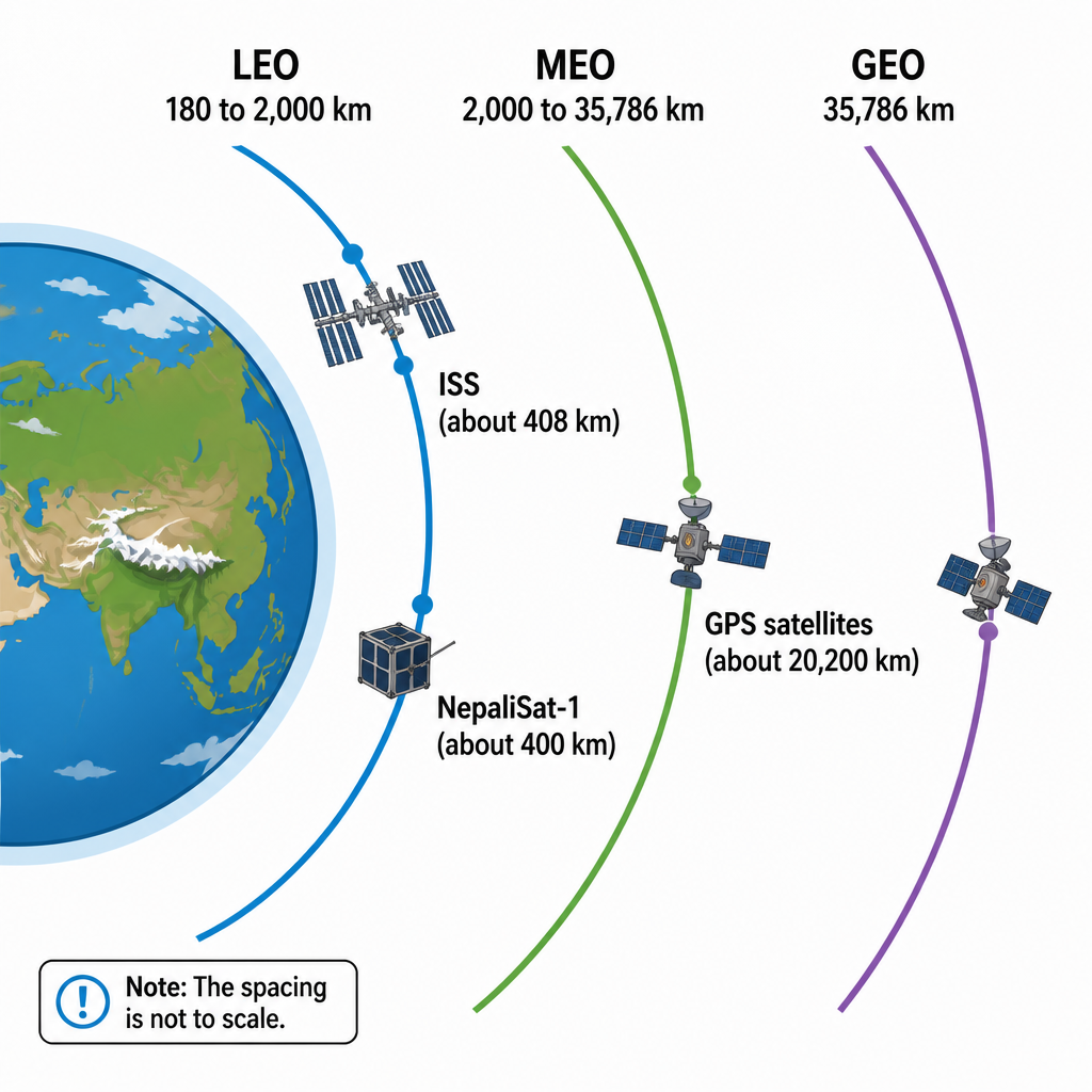 The three orbit heights side by side: LEO is closest to the Earth and GEO is farthest.