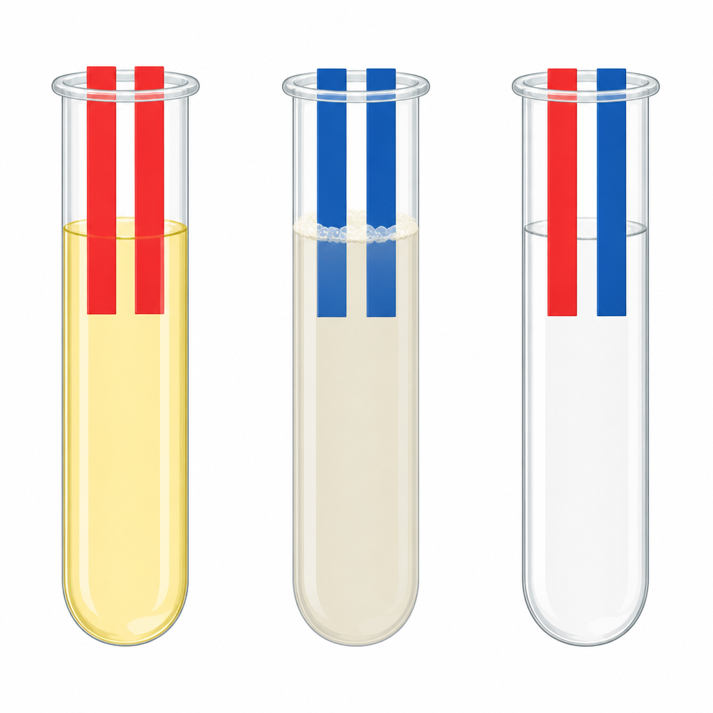 How the strips end up in the three tubes: both strips red in the lemon juice, both blue in the soap water, and one red and one blue left unchanged in the salt water.