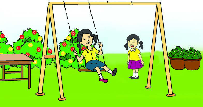 Two girls in a garden with a swing: a scene to describe in five sentences.