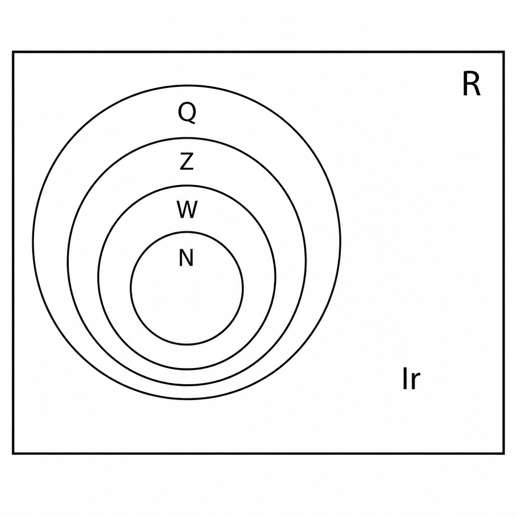Inside the set \( R \) the sets \( Q \) and \( Ir \) sit apart from each other, while \( Z \), \( W \) and \( N \) sit one inside the other within \( Q \).