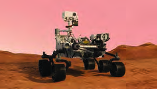 The Perseverance rover, a robot vehicle with wheels, cameras and an arm, driving across the surface of Mars
