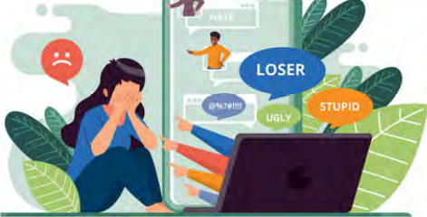 Cyberbullying: insults pour out of the screen and point at one person, who hides her face.