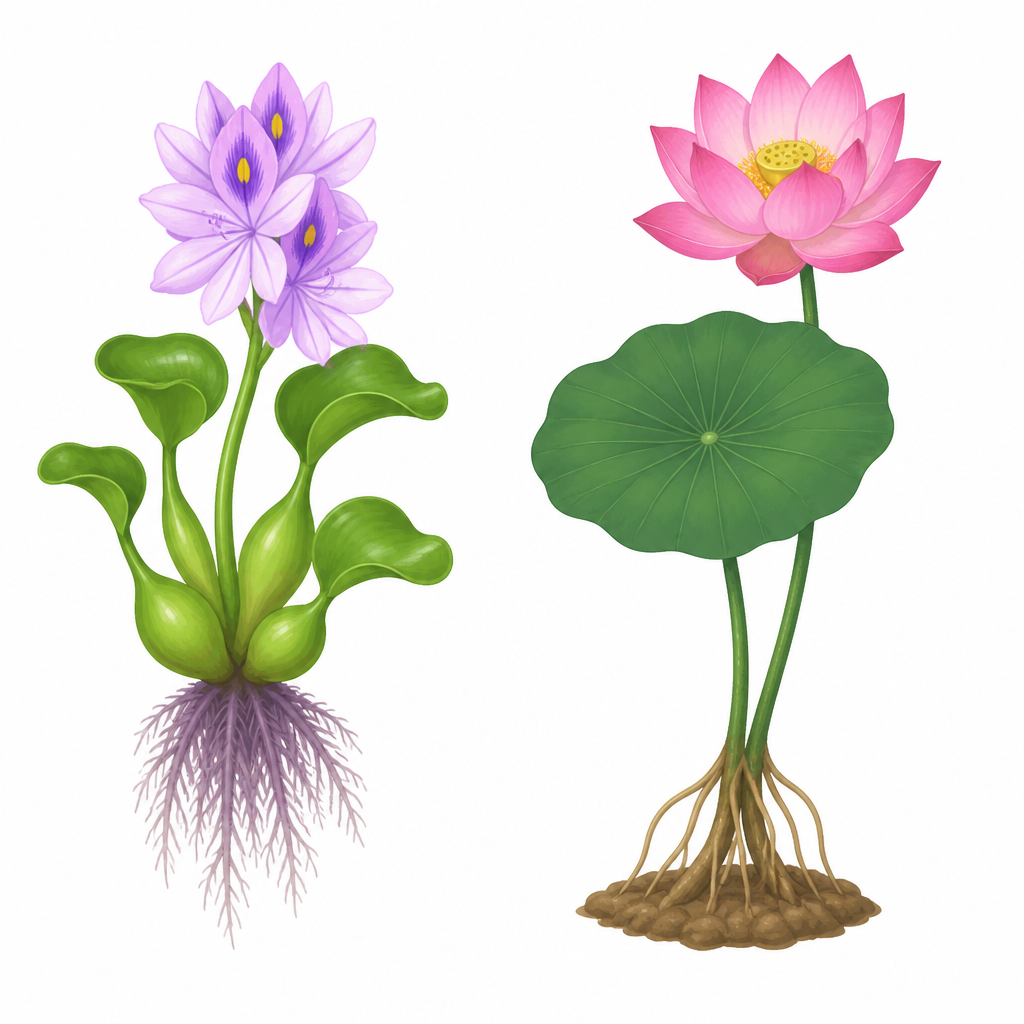 A plant held up by a hollow swollen stalk and a plant whose leaf floats while its roots stay in the mud show the two ways of living in water.