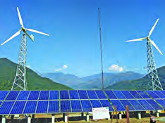 The 20 kW wind turbines at Hariharpurgadhi in Sindhuli, with rows of solar panels working below them.