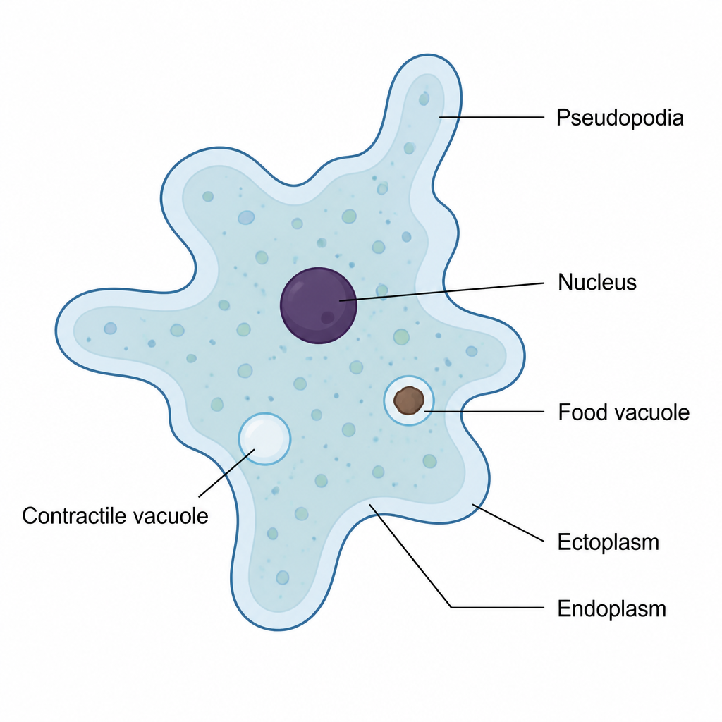 The build of an amoeba. Pick out the pseudopodia pushing out of the irregular body and the food vacuole and contractile vacuole inside it.