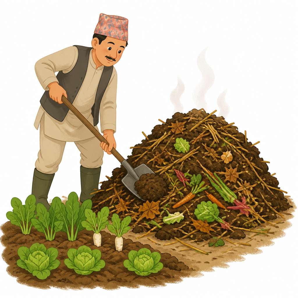Dung, straw and fallen leaves rotting together in one heap to make compost.