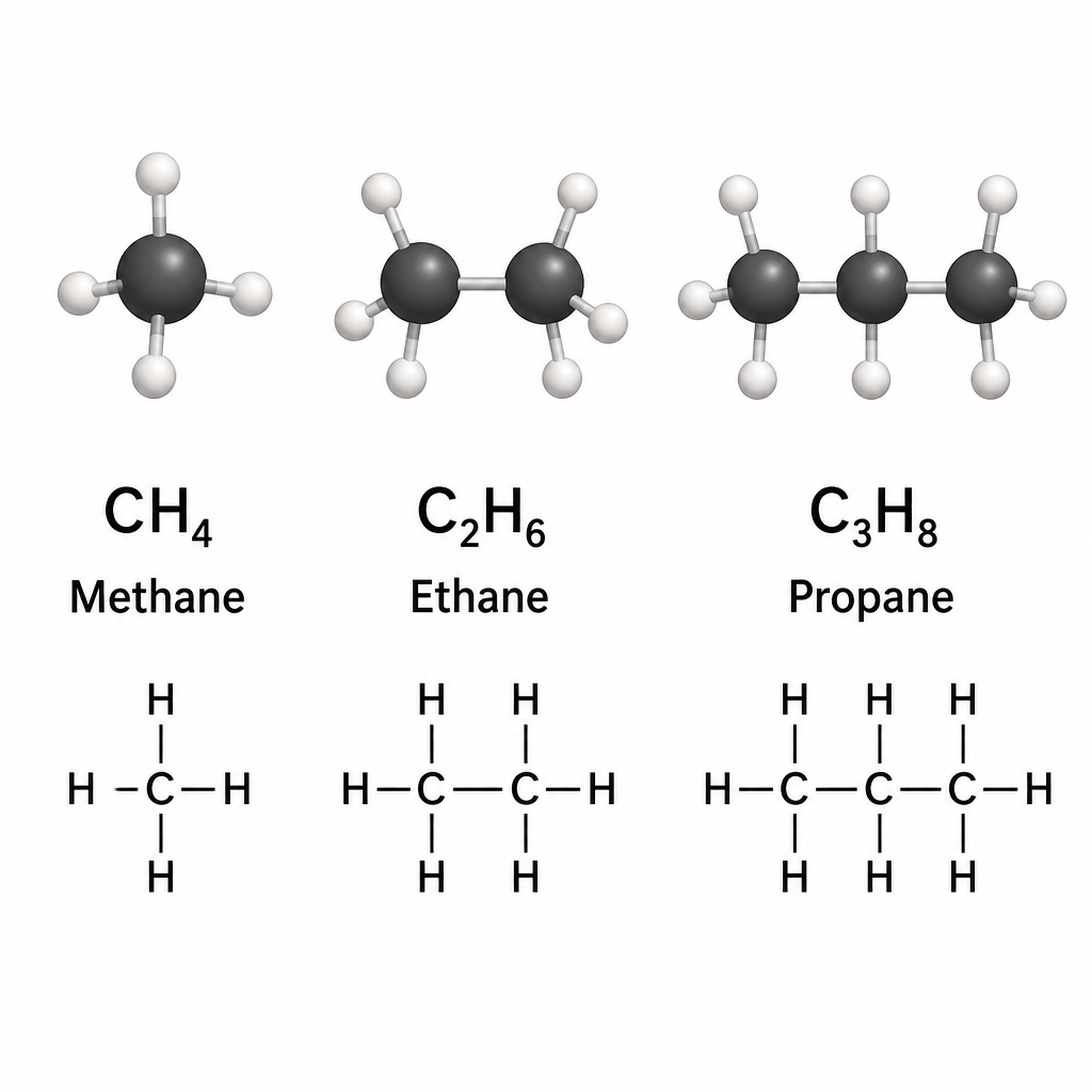 Methane, ethane and propane as ball-and-stick models, each with its structural formula beneath. Every carbon has four bonds, and every bond between carbons is single.